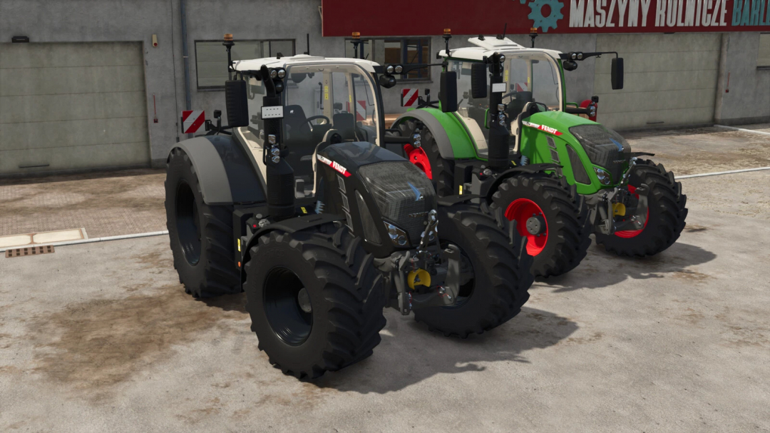 Two Fendt 700 Vario Gen6 tractors from Farming Simulator 25 mods parked outside a building, showcasing detailed machinery in FS25.