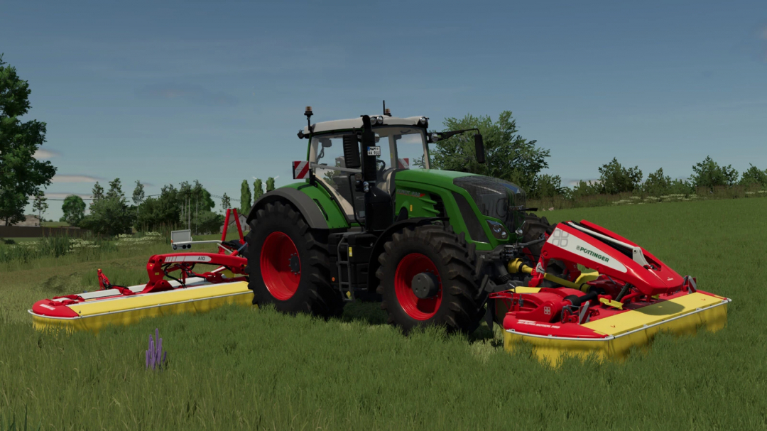 Farming Simulator 25 mod: Green tractor with red and yellow grass cutting machinery for FS25 gameplay.