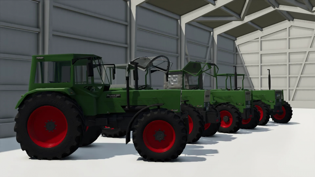 Fendt Favorit SA Serie v0.9.1.0 tractors from FS25 mods, lined up inside a barn with white walls and a curved roof.