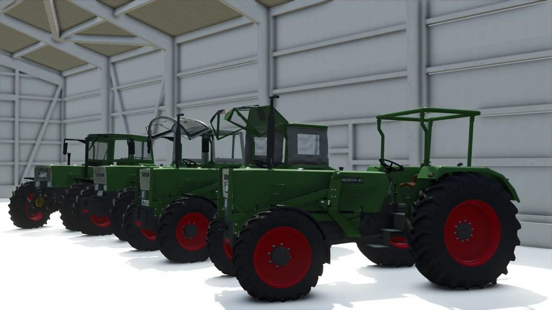 Farming Simulator 25 mods: Green Fendt Favorit SA Series tractors with red wheels stored in a metal shed, showcasing FS25 mods.