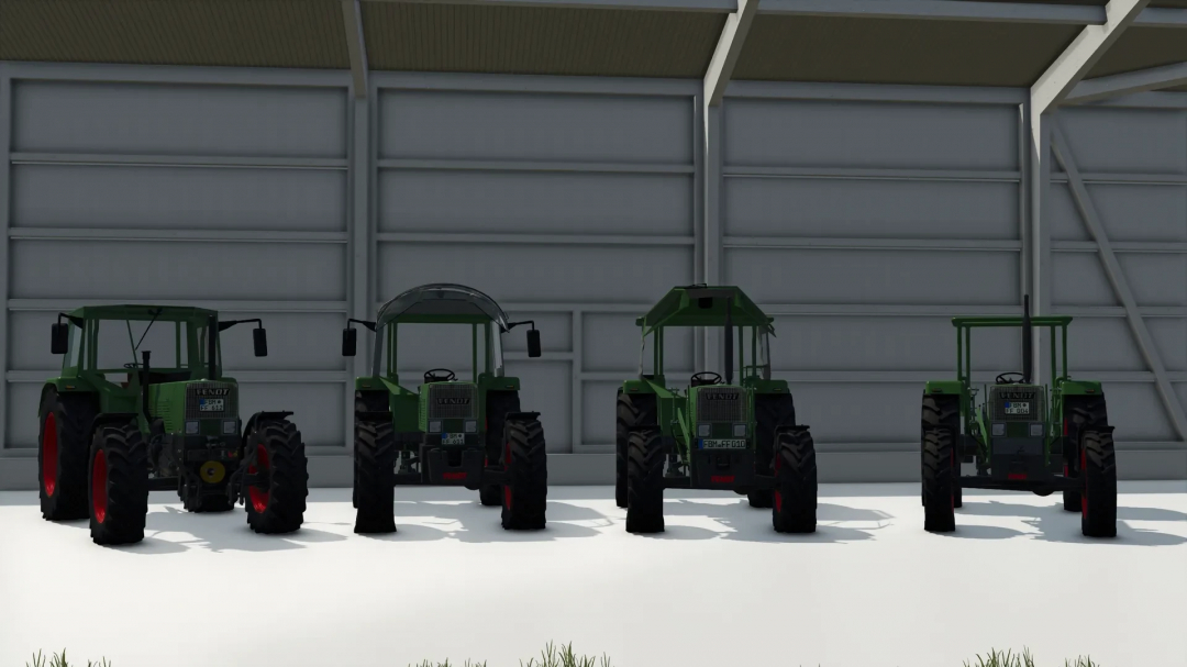 Display of five Fendt tractors inside a farm building, showcasing FS25 mods, Farming Simulator 25 mods, including the Fendt Favorit SA Serie v0.9.1.0.