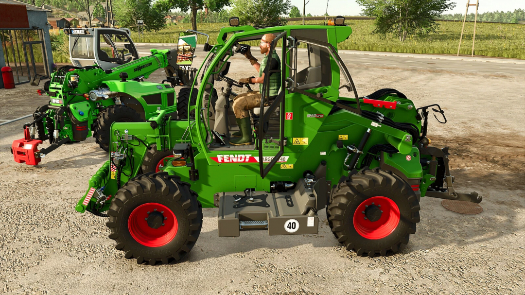 Fendt/Sennebogen Telehandler mod from Farming Simulator 25 in bright green color, featuring large red wheels and attachable tools.