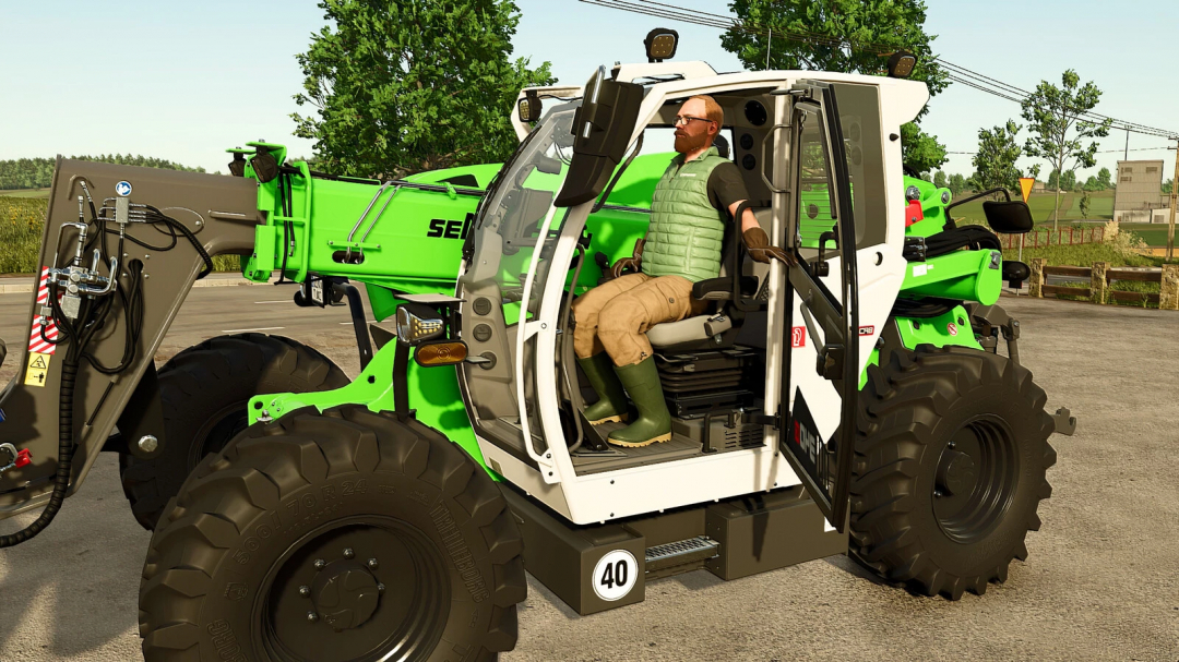 Farming Simulator 25 mod: Man operating a green Fendt/Sennebogen telehandler in a farming environment.