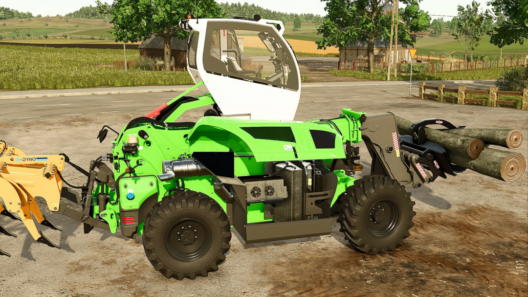 Fendt/Sennebogen Telehandler mod in Farming Simulator 25, lifting logs on a rural farm scene.