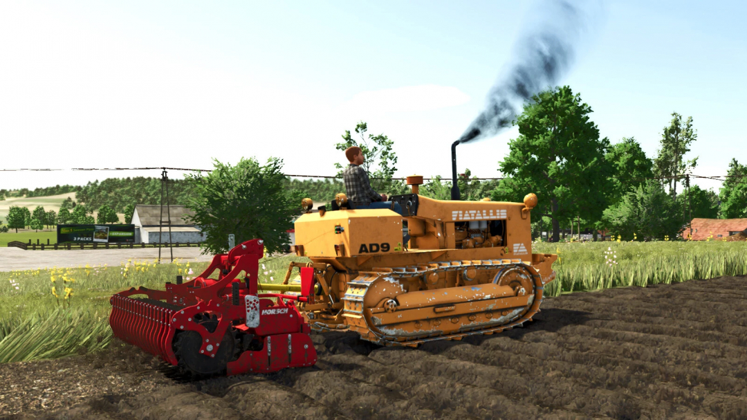 Farming Simulator 25 mod featuring a Fiat-Allis AD9 bulldozer working on a farm with plowed soil, realistic textures, and lush green background.