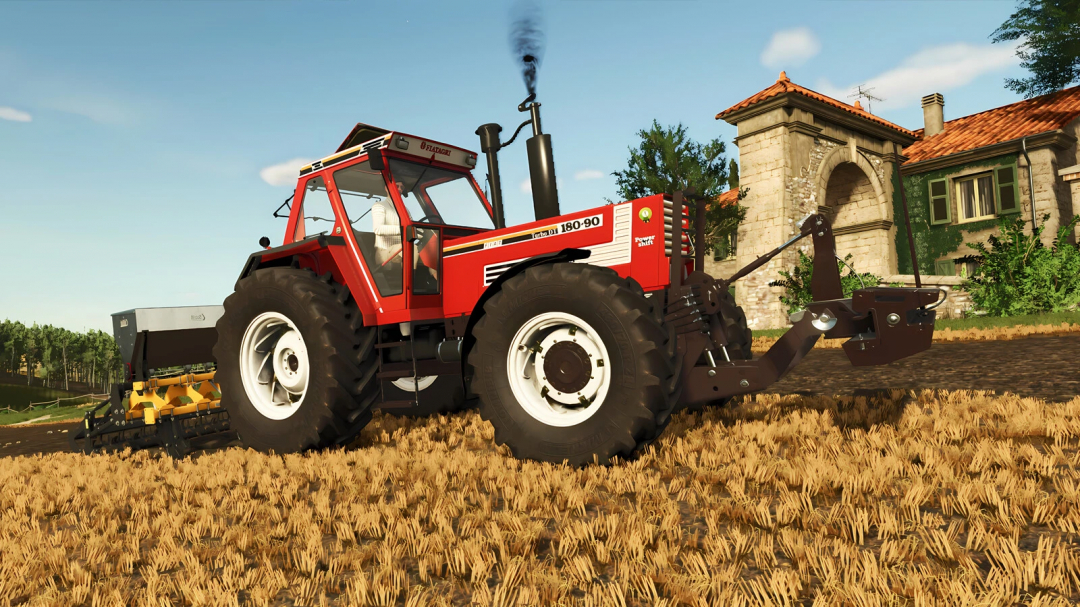 Farming Simulator 25 mod: Fiatagri Series 90 tractor in a field with a farmhouse in the background.