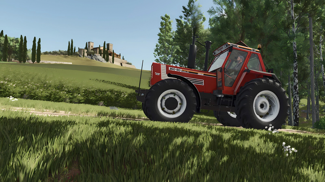 Farming Simulator 25 mods: Fiatagri Series 90 v1.0.0.0 tractor on a lush green field with a castle in the background.