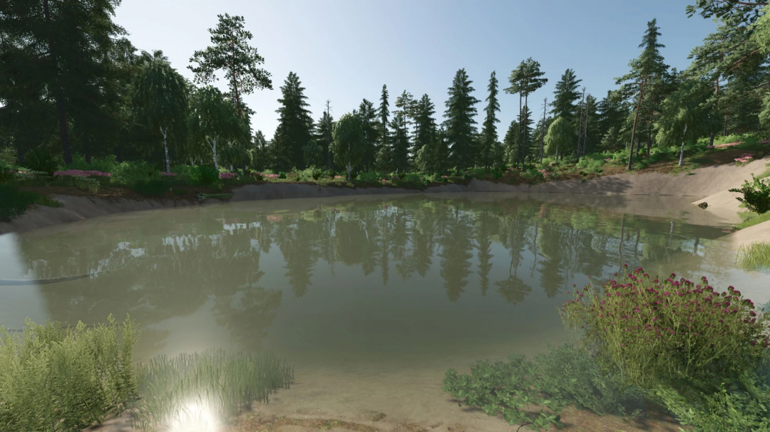 In Farming Simulator 25, a foggy lakeside scene with trees and lush vegetation, illustrating the FS25 mod Fog Control v1.2.0.0.