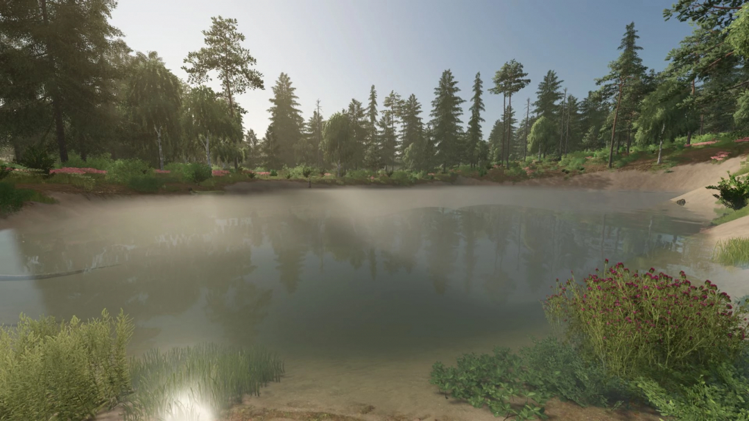 In-game screenshot of a foggy pond surrounded by trees and colorful plants in Farming Simulator 25 with the Fog Control v1.2.0.0 mod.