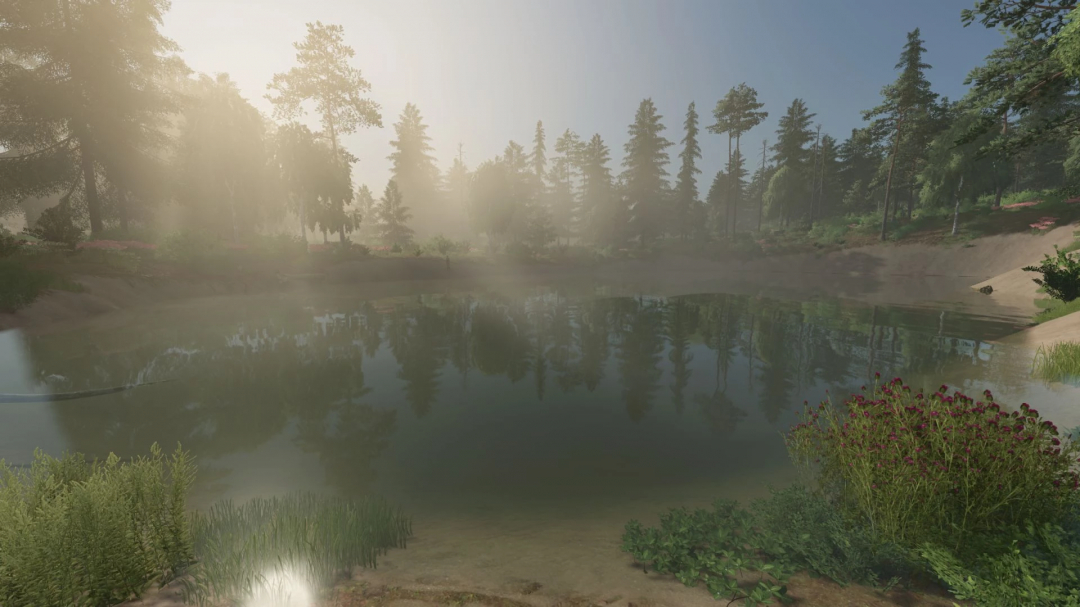 In-game image of a misty river in Farming Simulator 25 with trees reflected on the water, showcasing the Fog Control v1.2.0.0 mod.