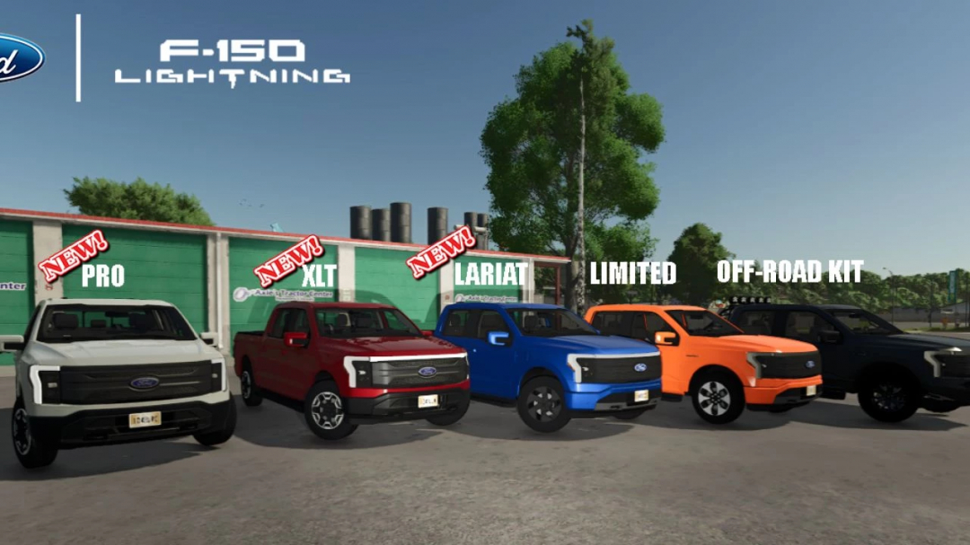 Farming Simulator 25 mods: Ford F-150 Lightning trucks with various trims, including PRO, XLT, LARIAT, LIMITED, and OFF-ROAD KIT, in a parking lot.