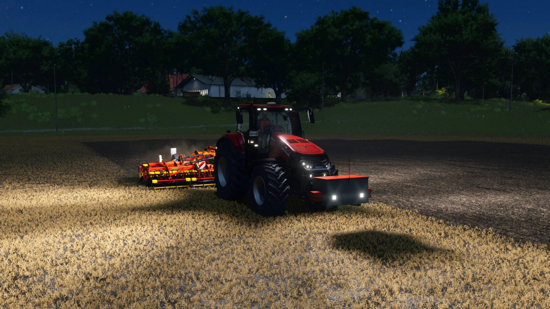 Farming Simulator 25 mod: tractor with front weight box attached, working on a wheat field at night.