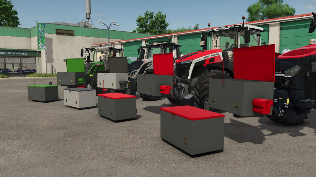 Lineup of tractors with various front weight boxes for Farming Simulator 25 mods, including FS25 mods, in a game parking lot.