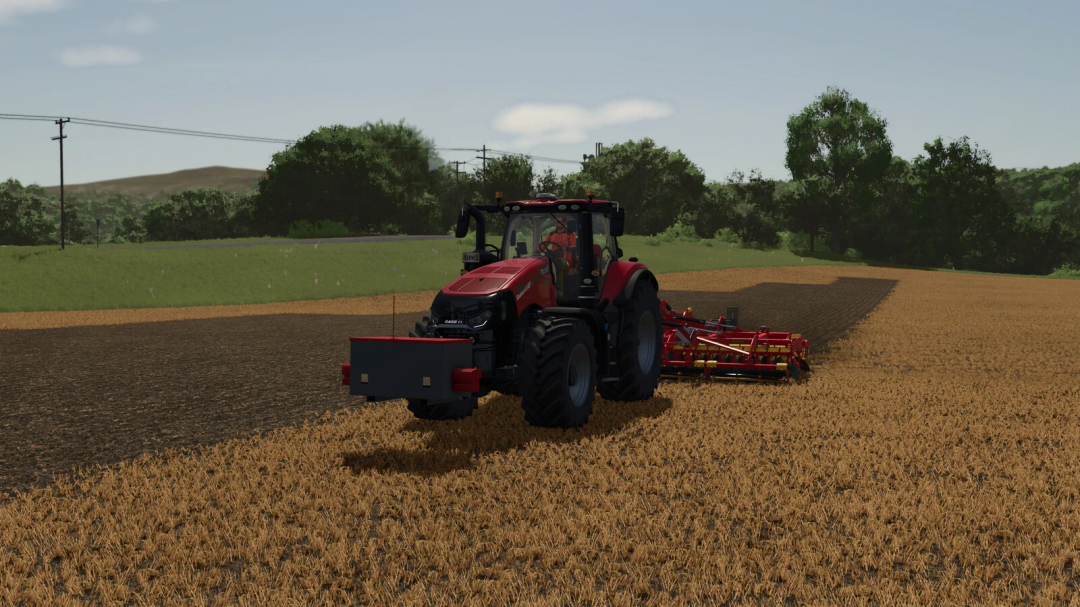 Farming Simulator 25 mod featuring a red tractor with a front weight box attached, working on a field during daytime.