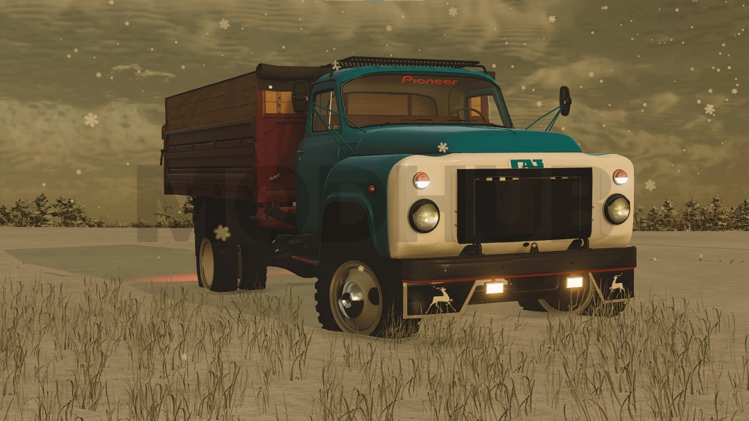 Farming Simulator 22 mod featuring a vintage GAZ-52/53 truck on a snow-covered field with snowflakes falling.