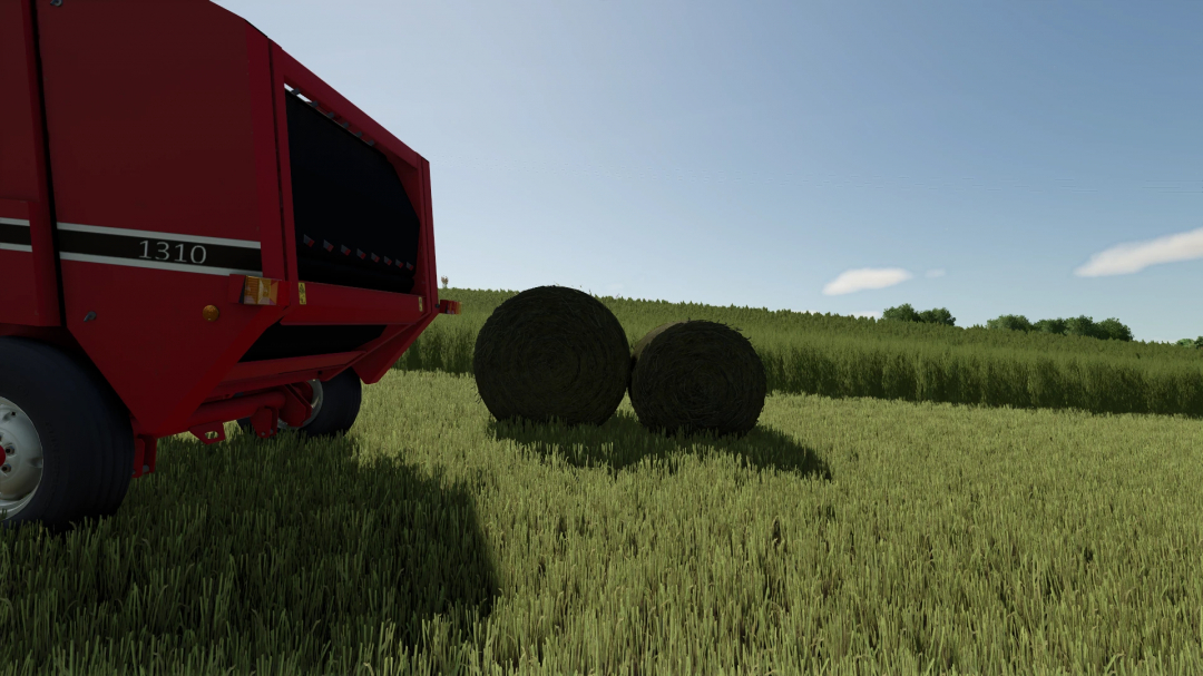 Farming Simulator 25 mod: Gehl 1310 Round Baler FS25 v1.0.0.0 on a grassy field with hay bales, showcasing realistic farming equipment.