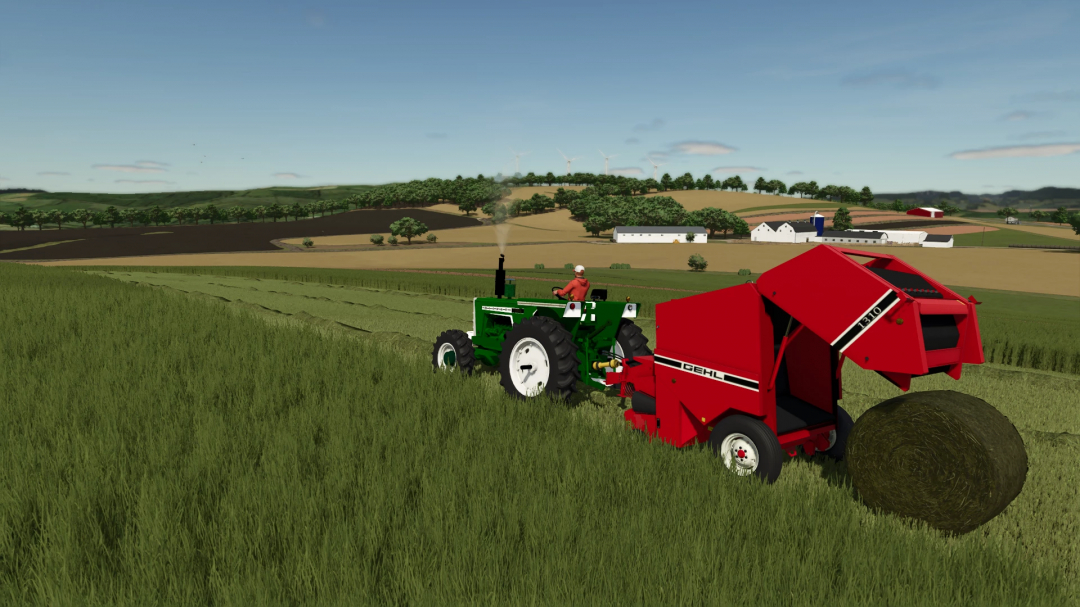 Farming Simulator 25 mod: a green tractor with a red Gehl 1310 round baler collecting hay on a farm field.