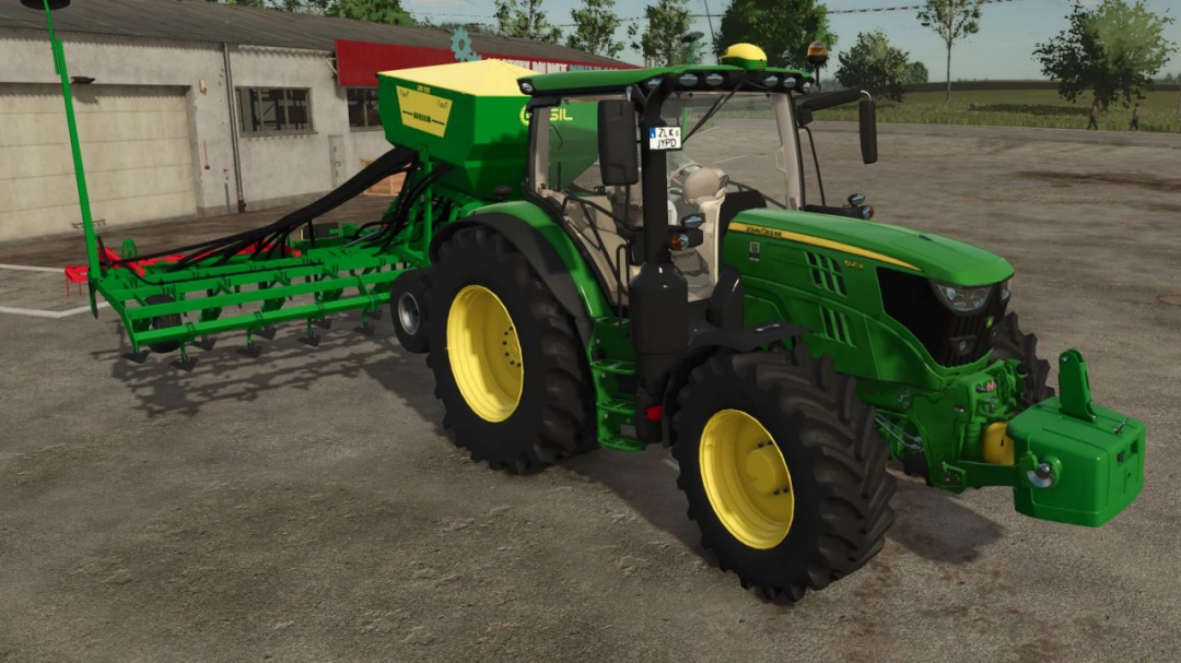 Farming Simulator 25 mod: Green John Deere tractor with a large attached planter seed drill, part of the Gil Airsem 6000 Series v1.0.0.0.