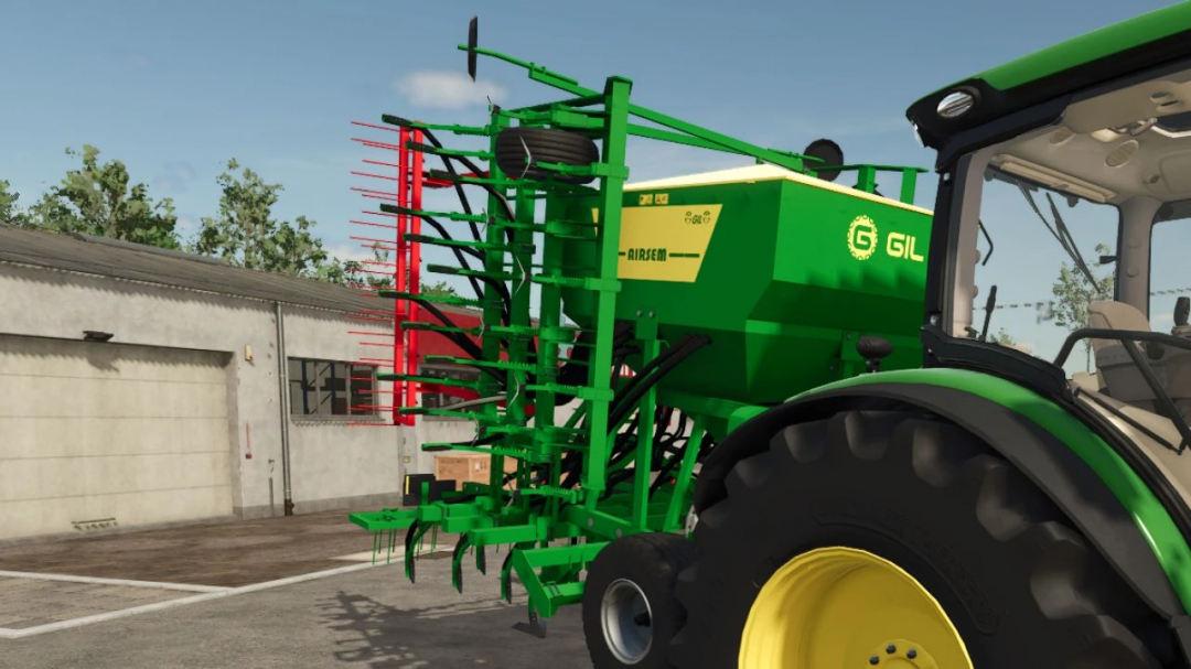 Farming Simulator 25 mod: Gil Airsem 6000 Series, a green agricultural seed planter attached to a tractor.