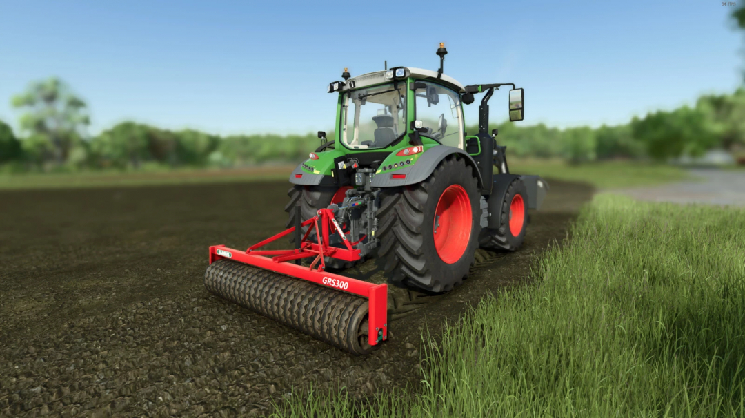 Farming Simulator 25 mod featuring a green tractor with a red soil roller attachment for land cultivation.