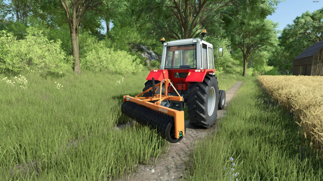 Farming Simulator 25 mod: tractor with Globus GRS 300 v1.0.0.0 roller on green field with trees in the background.
