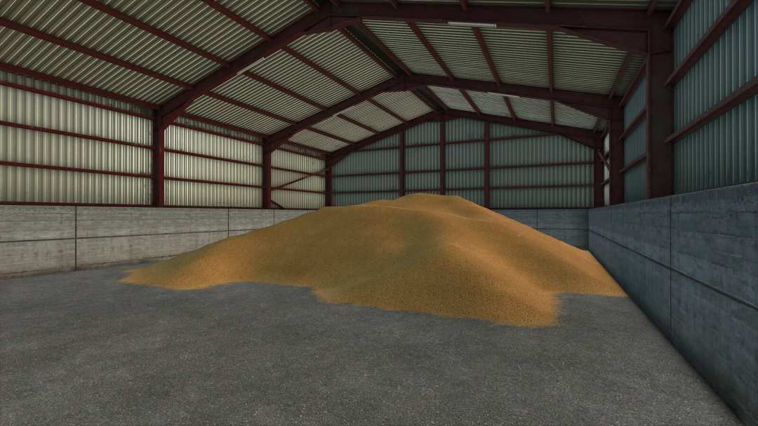 Inside a barn with a large pile of grain, part of the Farming Simulator 25 grain shed mods, FS25 mods, in the game.