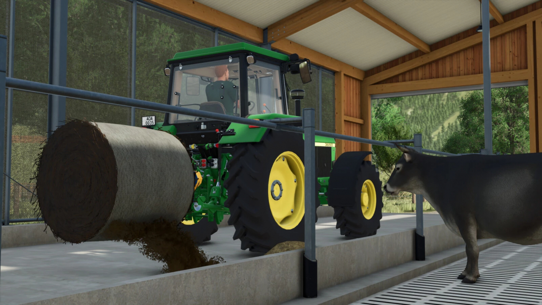 Farming Simulator 25 mod: Green tractor with large hay bale in a barn with a pig nearby, showcasing FS25 mods.