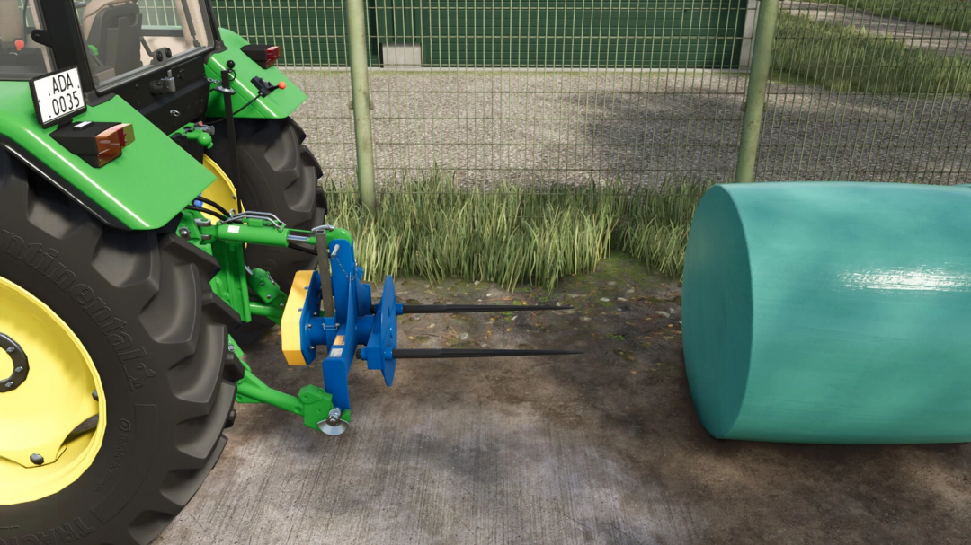 Farming Simulator 25 mod: tractor with Göweil BZT v1.0.0.0 attachment for baling, shown on a farm with a large green roll nearby.