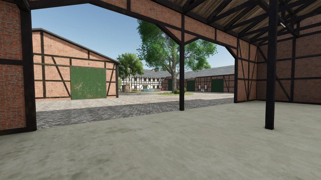 View of a farmyard with traditional timber-framed barn buildings, part of the Half-Timbered Farm Buildings v1.0.0.0 mod for Farming Simulator 25.