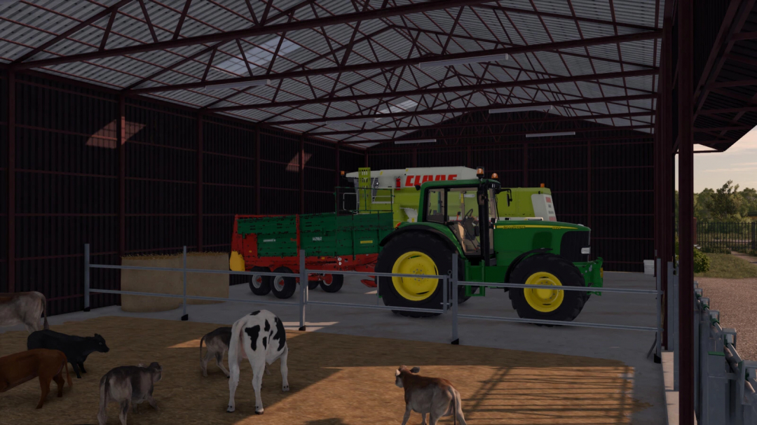 Farming Simulator 25 mod showing a tractor and cow barn with cows inside, featuring the Hall CowBarn v1.0.0.0 mod.