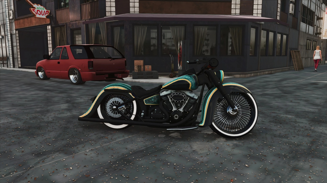 Farming Simulator 25 mod featuring a customized Harley Softtail motorcycle parked on an urban street.