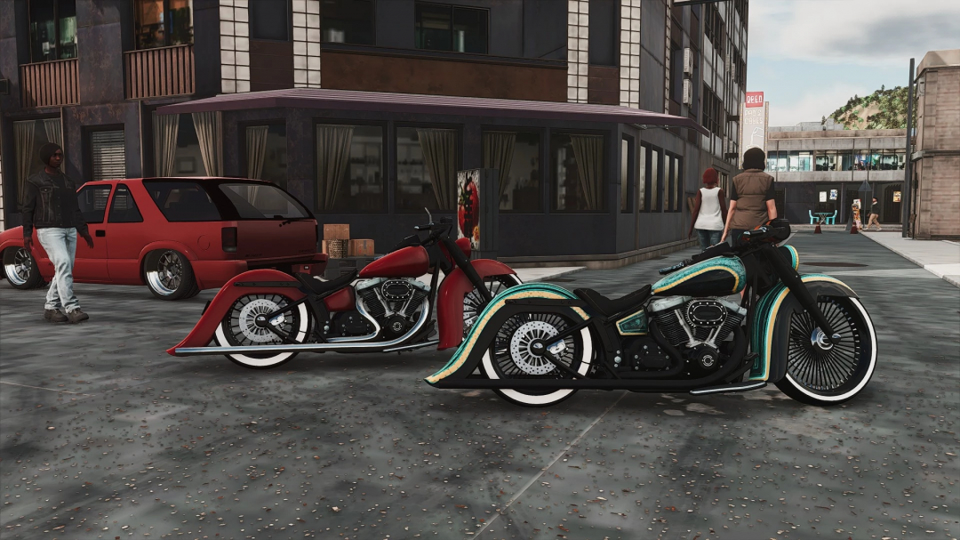 Two custom Harley Softtail motorcycles parked on a city street, with modern buildings and pedestrians in the background, part of FS25 mods.
