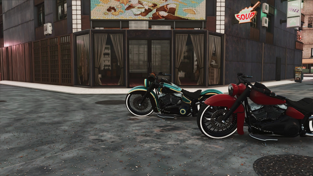 Two custom Harley Softtail motorcycles parked outside a building in Farming Simulator 25, showcasing FS25 mods.