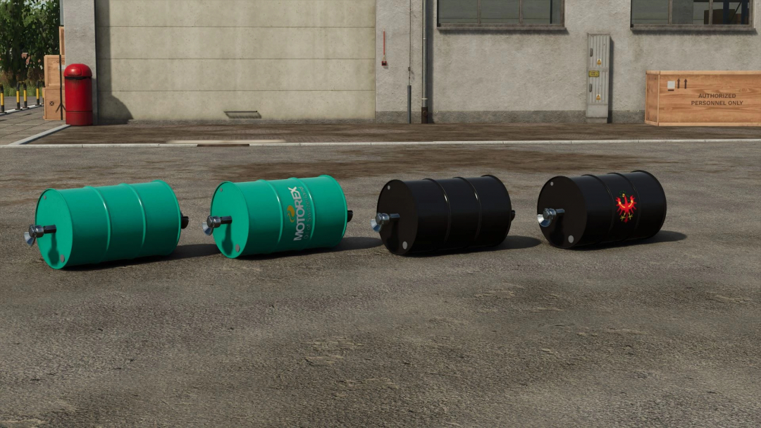 Four barrel weights for Farming Simulator 25 mods, two green and two black, placed on the ground in front of a building.