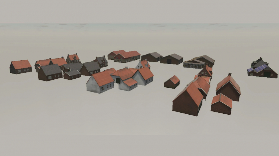 Farming Simulator 25 mods showing a 3D model of a village with multiple houses and structures, part of the House Prefab Pack v1.0.0.0.