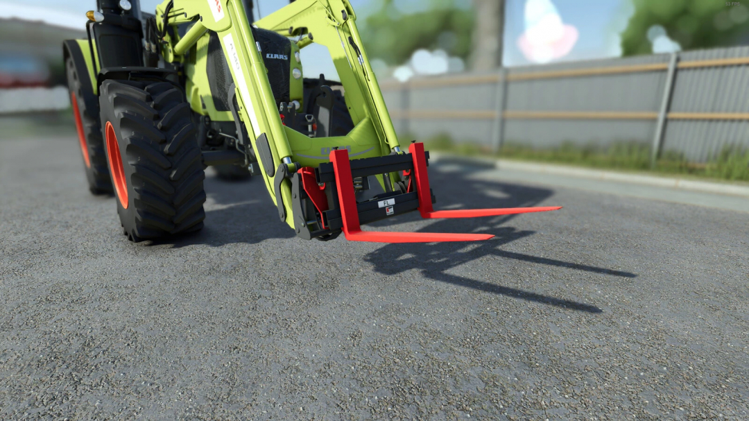 Farming Simulator 25 mod featuring the Igland FL95 forklift attachment on a tractor, used for material handling in farming tasks.