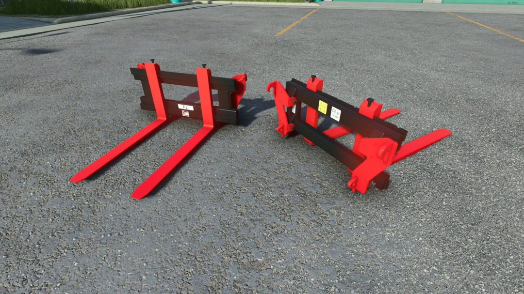 Farming Simulator 25 mods: Two different forklift attachments for loading and moving materials, shown on asphalt ground.