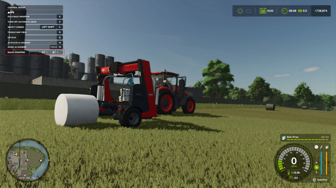 Farming Simulator 25 mod featuring the Implement Usage Counter v1.1.0.0 active during bale wrapping with a tractor and bale in a field.