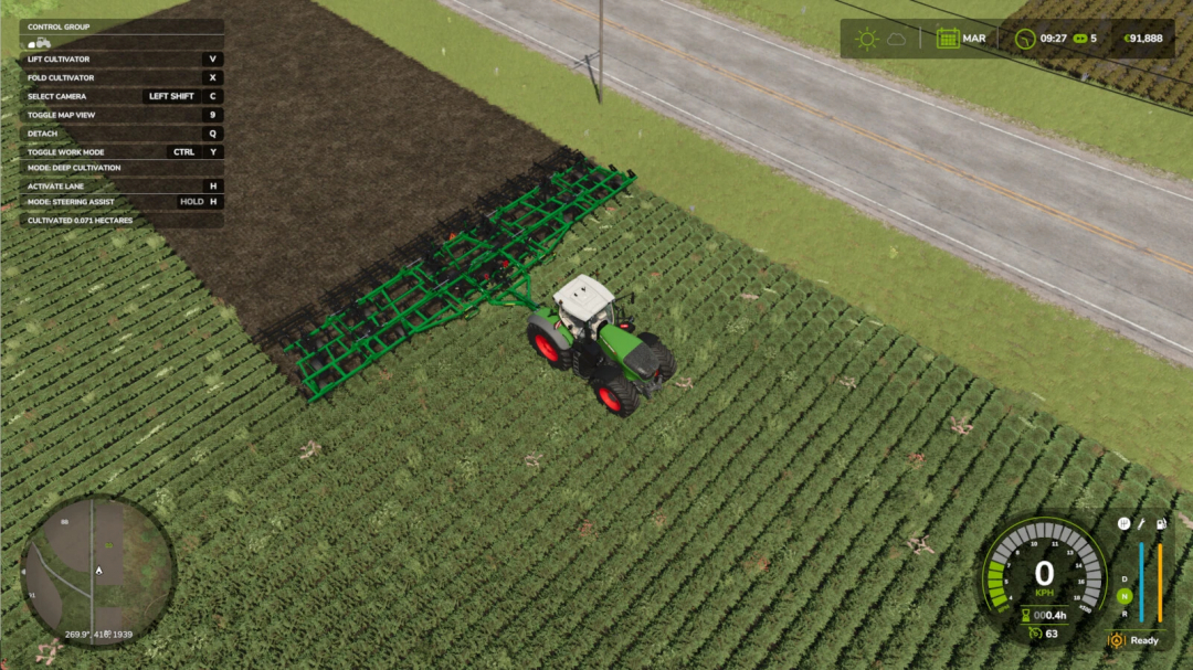 Farming Simulator 25 mod: Tractor with green implement for deep cultivation, demonstrating the Implement Usage Counter v1.1.0.0 mod in action.