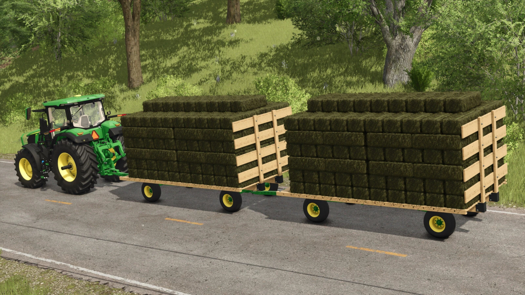 Farming Simulator 25 mod showing a John Deere 1075 Hay Wagon fully loaded with hay bales on a road.