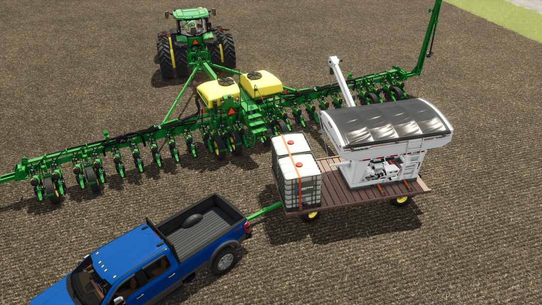 Farming Simulator 25 mods: A large John Deere 1075 hay wagon attached to a green tractor, with liquid tanks, a seed drill, and other farming equipment.