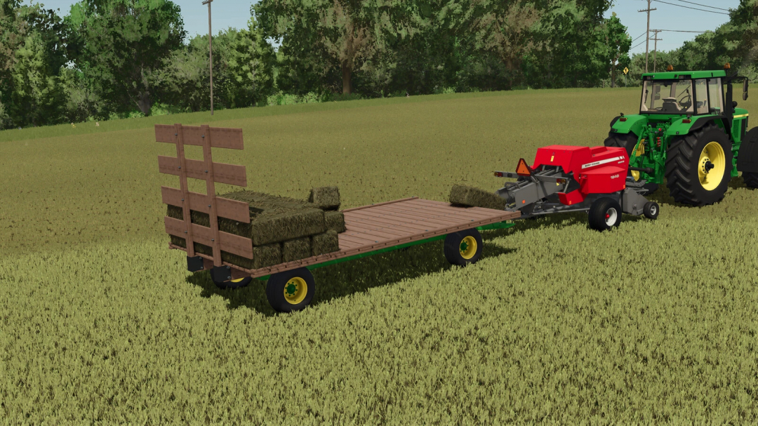 Farming Simulator 25 mod: John Deere 1075 Hay Wagon with hay bales, attached to a green tractor in a field setting.