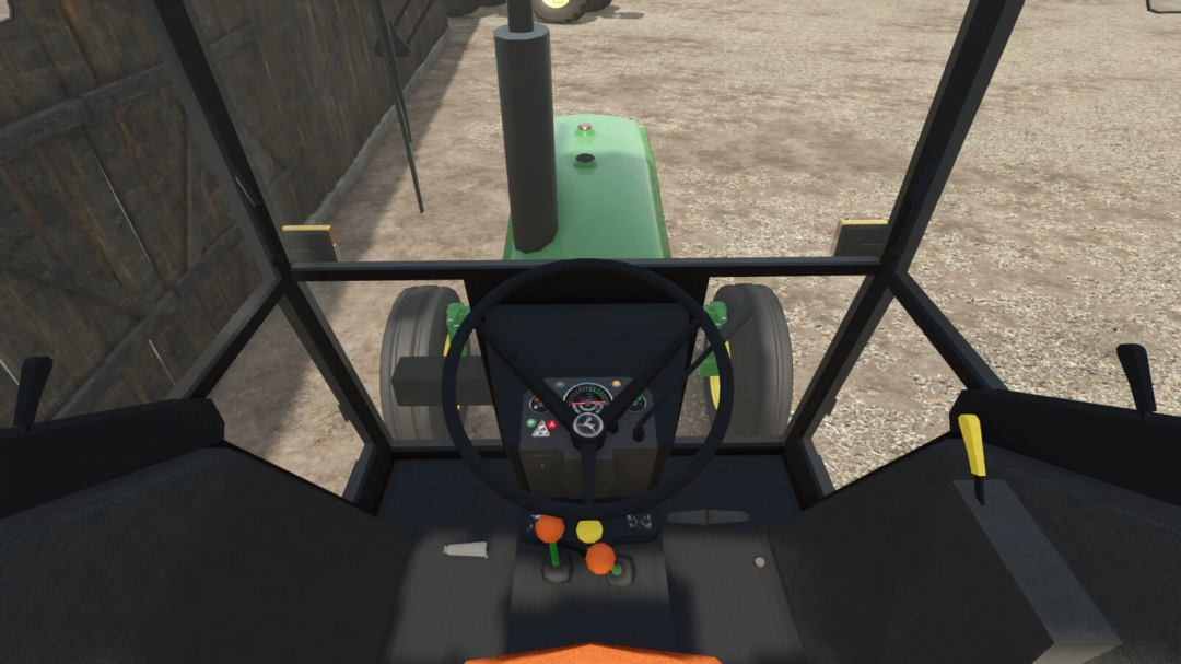 Inside view of a John Deere 1630 tractor in Farming Simulator 25 with attached tools, part of FS25 mods.