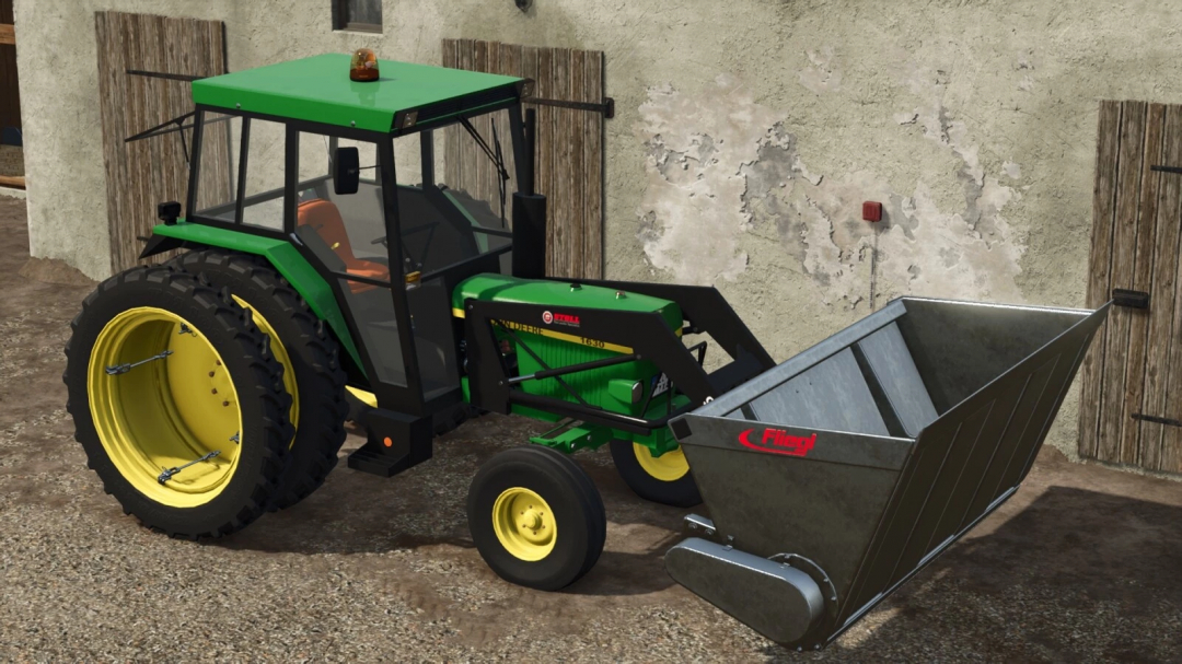 Farming Simulator 25 mod: John Deere 1630 tractor with front loader attachment and tools, parked beside a barn.