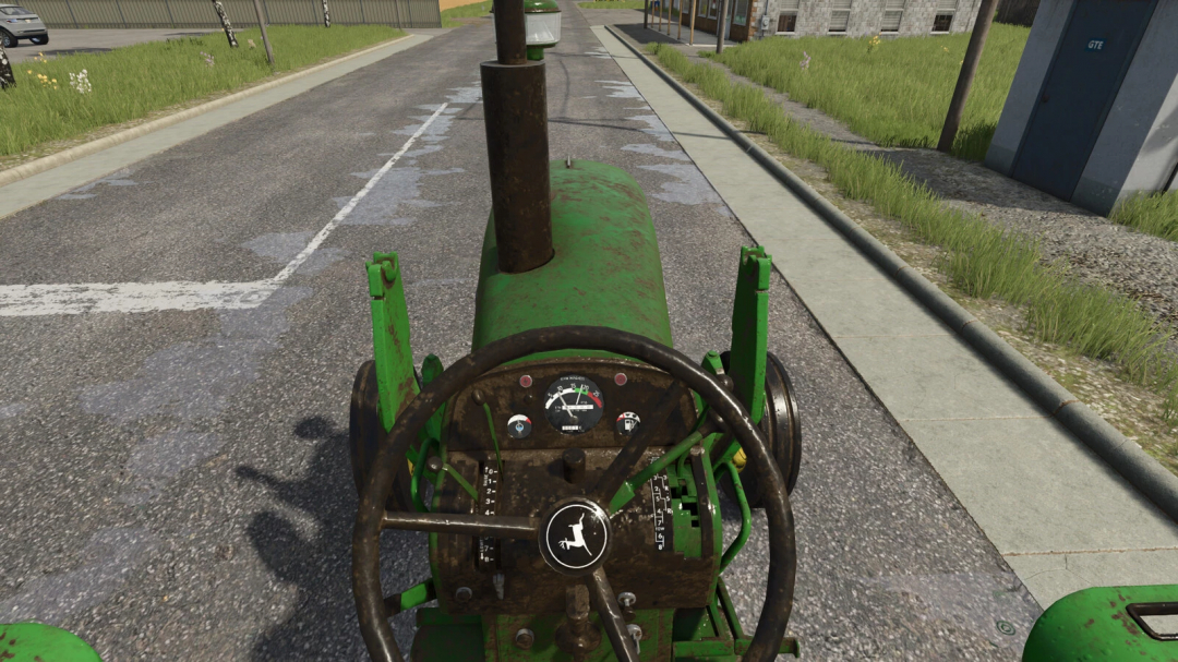 Farming Simulator 25 mod: John Deere 3010, 3020 vintage tractor viewed from the driver's seat on a street.