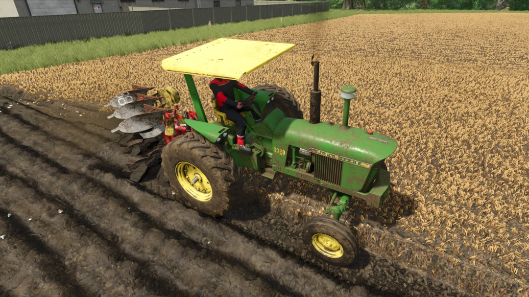Farming Simulator 25 mod: John Deere 3010, 3020 tractor plowing fields with a cultivator attachment.