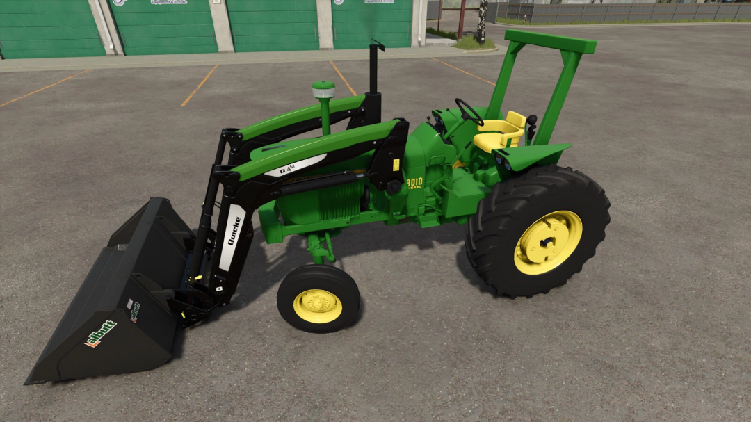 Farming Simulator 25 mod: John Deere 3010, 3020 tractor with front loader and yellow seat, shown in a parking lot.