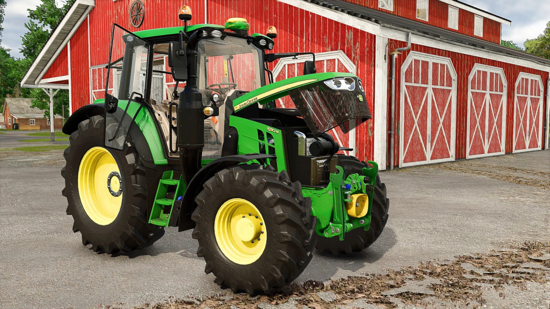 John Deere 6M Series tractor parked in front of a red barn in Farming Simulator 25 mods.