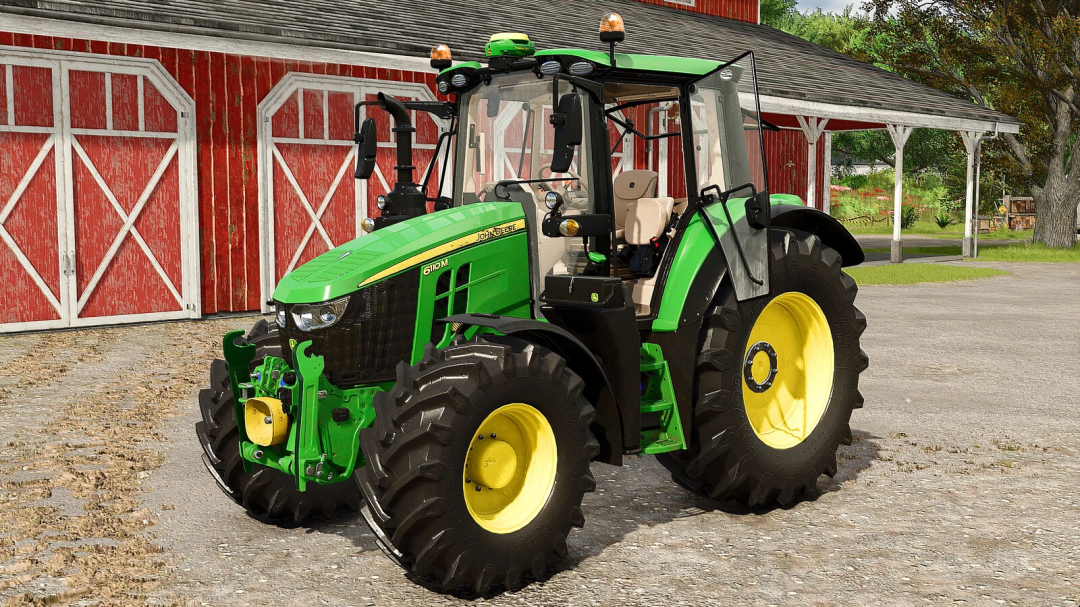 Farming Simulator 25 mod: John Deere 6M Series tractor in a farmyard, with red barn and trees in the background.