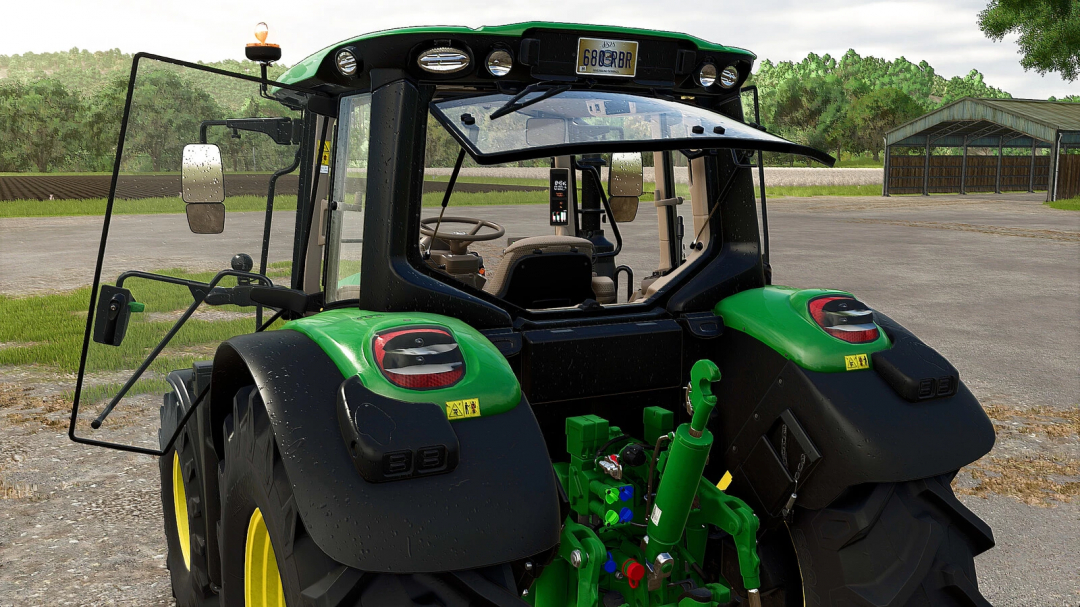 Farming Simulator 25 mod featuring the John Deere 6M Series tractor with detailed cabin and green accents.